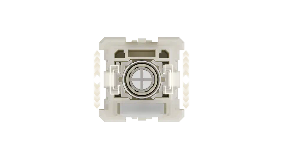 Top-down view of a WS Flux switch with glowing rails highlighted on both sides of the round stem collar