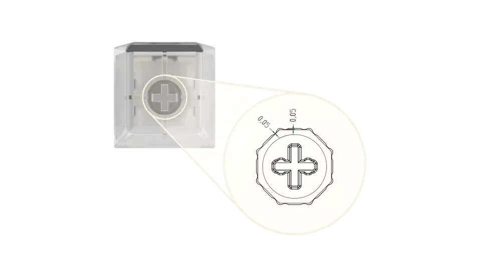 WS Flux keycap with a magnified cutaway of its octagonal stem collar, dimensioned 0.05 and 0.05 at two faces