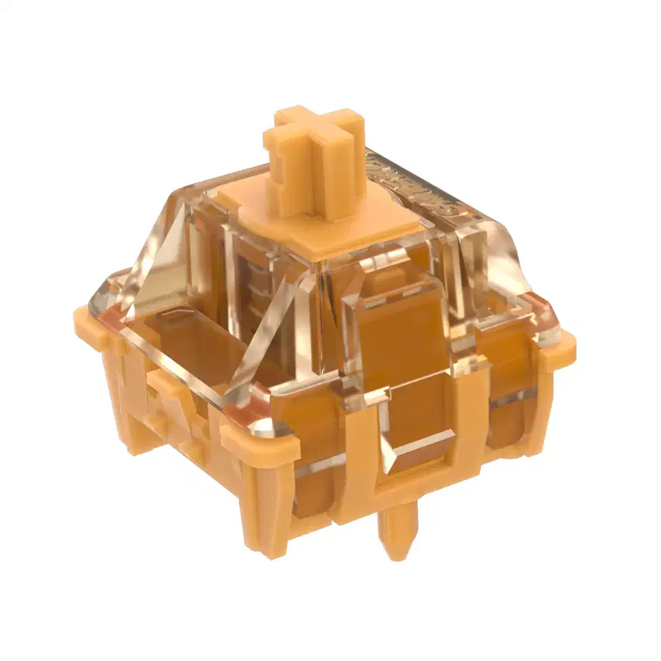 Gateron KS-20 magnetic switch with a smoky translucent top housing, amber base and the standard cross-shaped MX stem on top