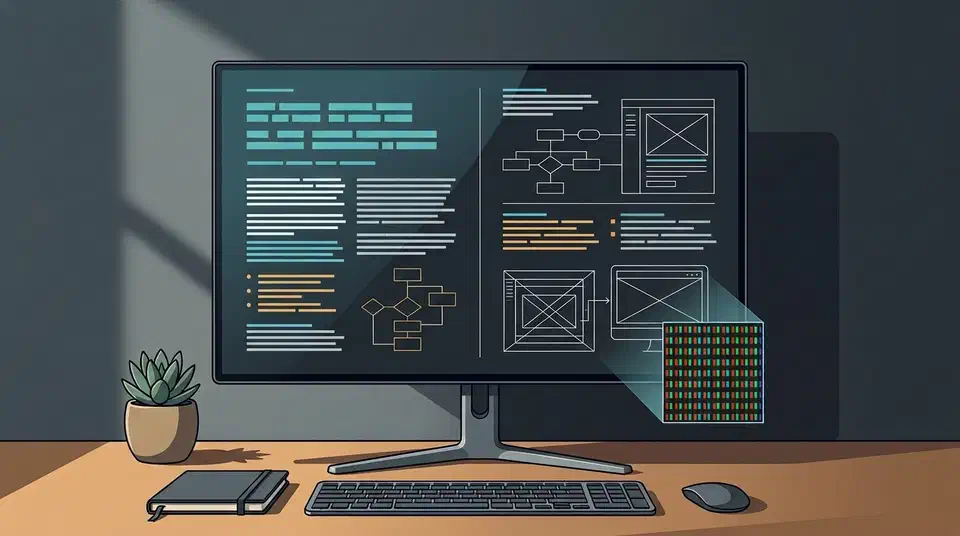 A 27-inch OLED monitor on a designer's desk showing crisp text, with a magnified red-green-blue sub-pixel grid in the corner