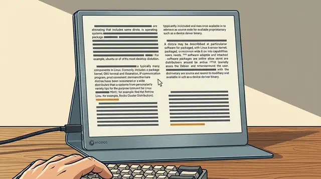 Modos Flow e-paper monitor upright on a wooden desk showing two columns of text, with a USB-C cable and hands on a keyboard