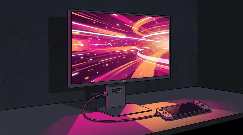 LG UltraGear evo gaming monitor on a dark desk showing a bright abstract game scene, with a handheld console connected beside it