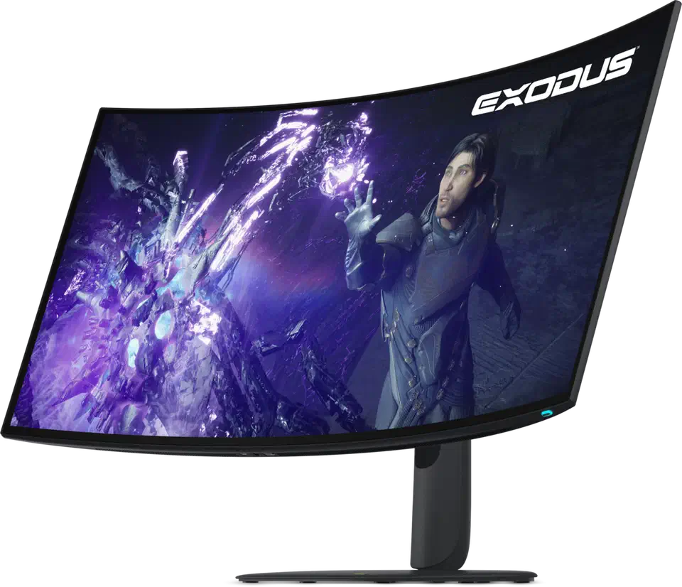Alienware AW3926QW seen from an angled front three-quarter view, the glossy 39-inch screen filled with a purple game scene, the panel wrapping away from the viewer