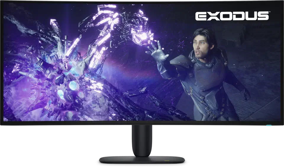 Alienware AW3926QW shown at an angle with its ultrawide screen lit, a game scene filling the panel