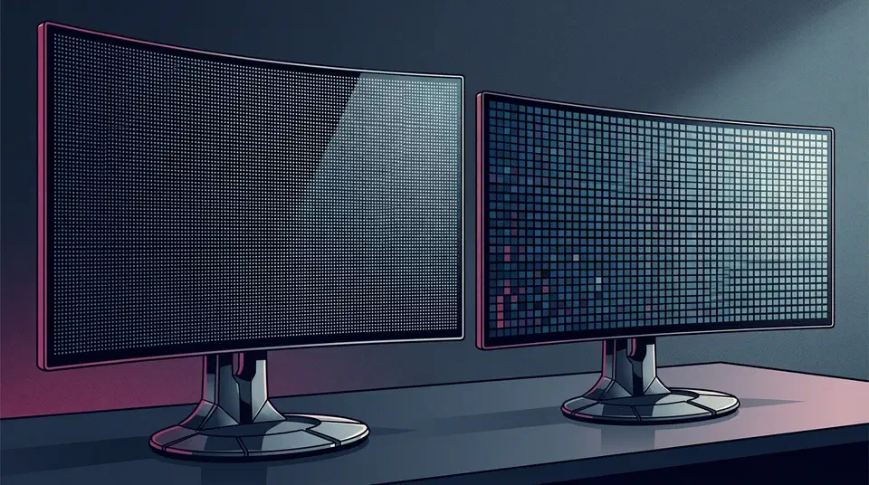 Two curved Alienware OLED ultrawide monitors side by side on a dark desk, the larger left screen showing a much finer pixel grid than the smaller right screen