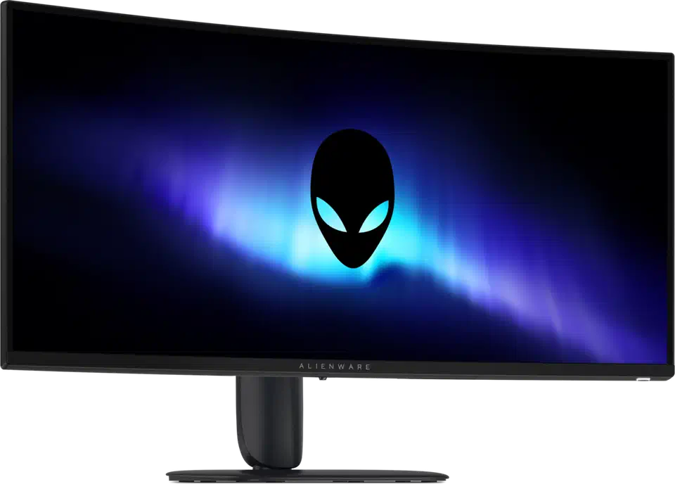 Alienware AW3426DWM 34-inch curved ultrawide seen front on, ALIENWARE wordmark on the lower bezel and a rounded pedestal stand