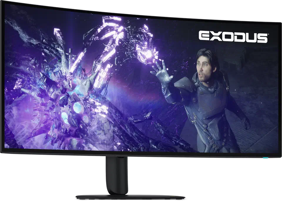 Alienware AW3926QW 39-inch curved ultrawide OLED front on, standing on its flat black base with a game scene on screen