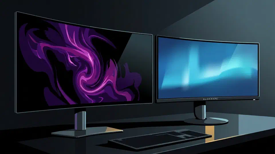 Two curved Alienware ultrawide monitors side by side on a dark desk, the larger 39-inch OLED showing purple swirls and the 34-inch model showing a blue aurora