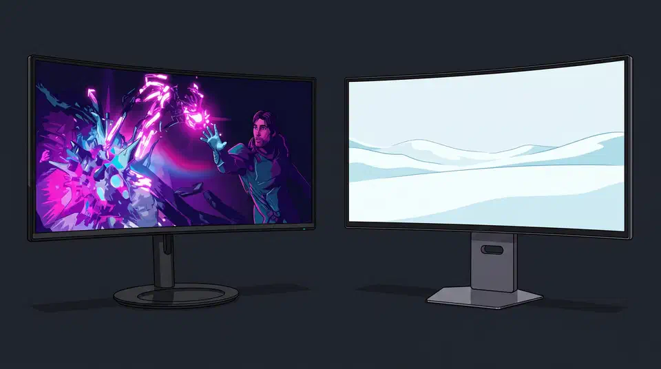 Alienware AW3926QW on its round base beside the LG 39GX950B on its hexagonal base, both curved ultrawide screens lit against a dark background