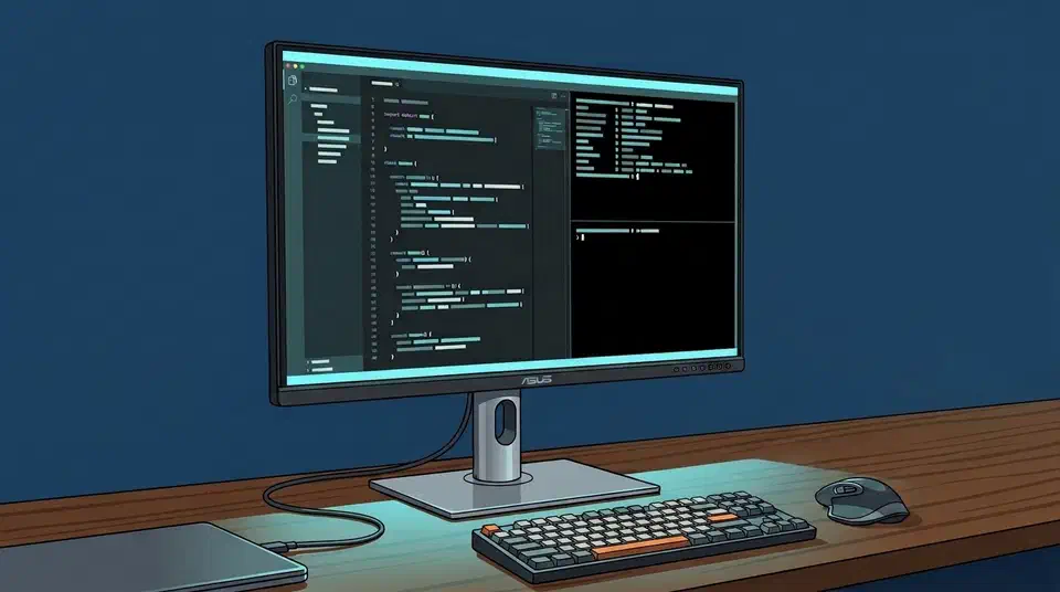 Asus ProArt PA32QCV monitor on a wooden desk showing a split code editor and terminal, with keyboard, mouse and laptop