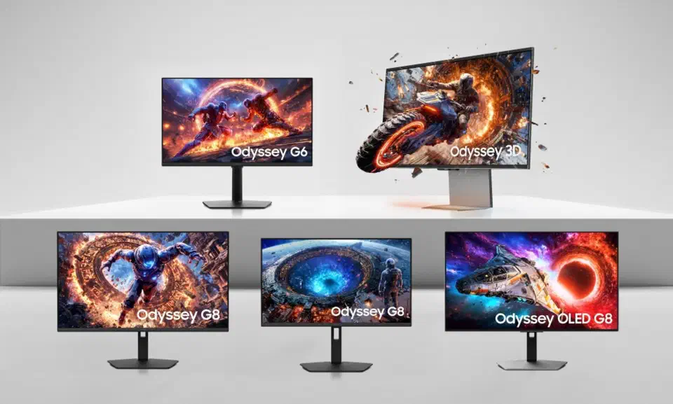 Samsung&rsquo;s 2026 Odyssey monitor lineup arranged on white display plinths, five screens showing game artwork