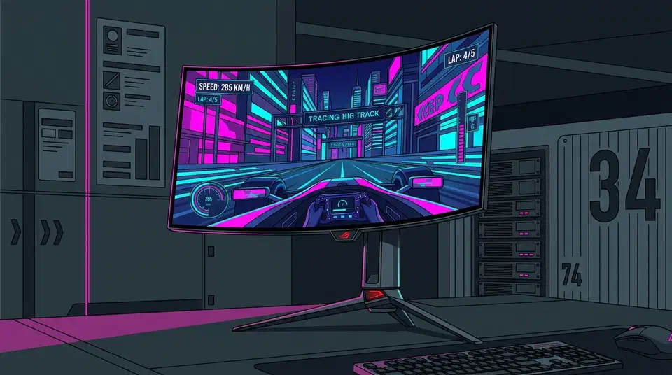 Asus ROG Swift PG34WCDM curved ultrawide OLED monitor on its stand showing a fast-motion racing game