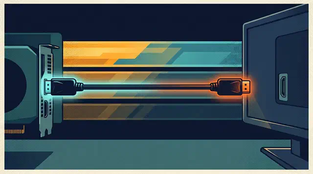 DisplayPort cable running from a graphics card port to a monitor, glowing cyan at one end and orange at the other across striped bandwidth bands