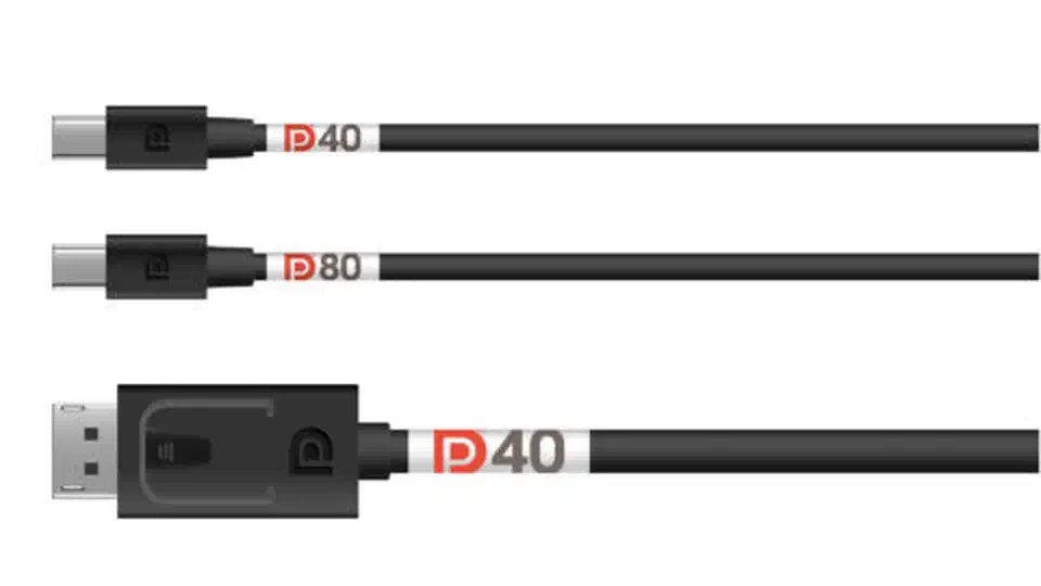 Two DisplayPort cables printed with red DP40 and DP80 certification marks on a white sleeve near the connector