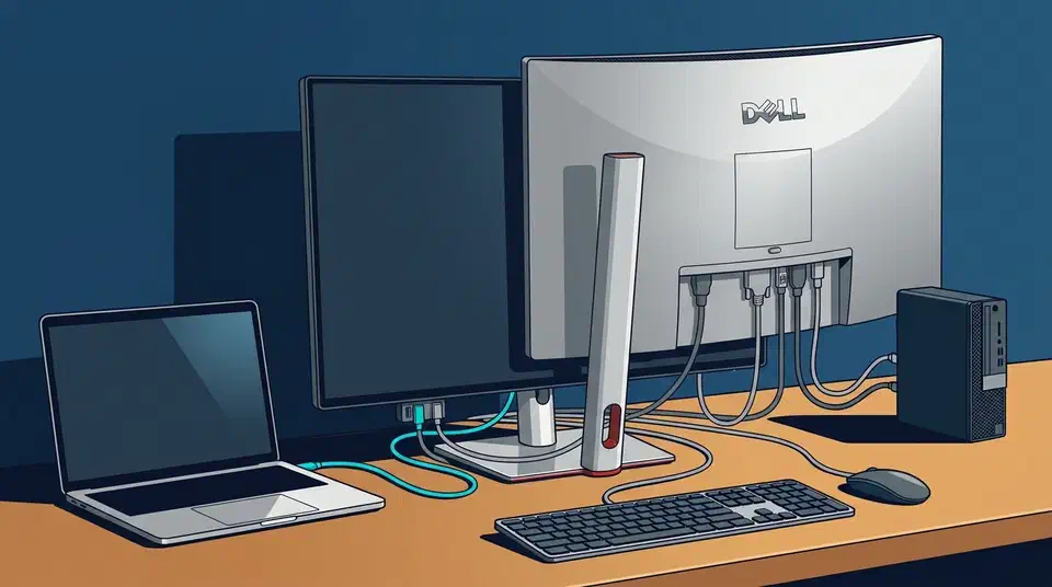 Dell UltraSharp monitor on a desk with a laptop and a small desktop tower cabled to it, plus one shared keyboard and mouse