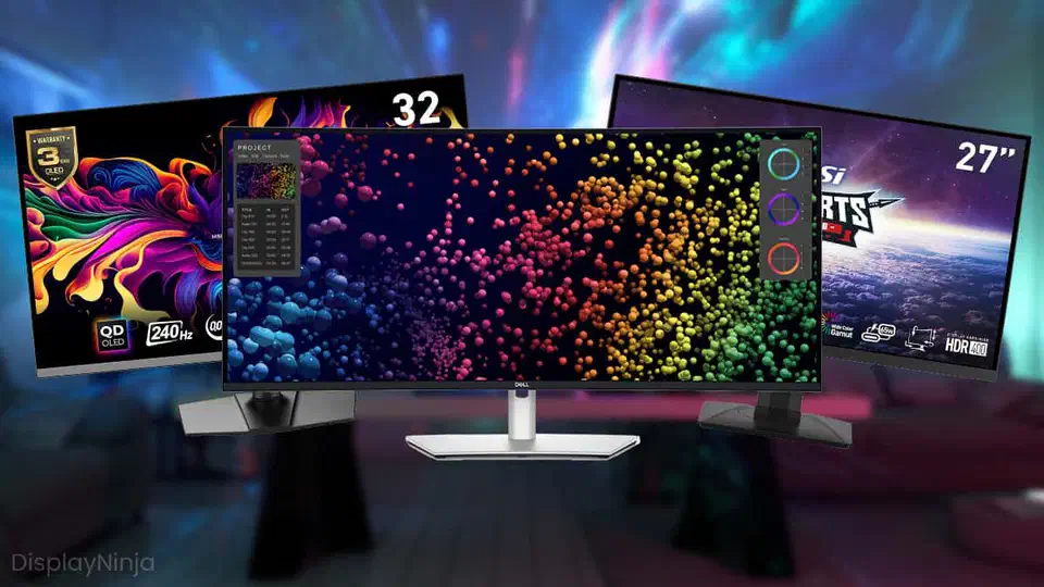 Three KVM-equipped monitors of different sizes, from a 27-inch panel to a 32-inch and an ultrawide, side by side