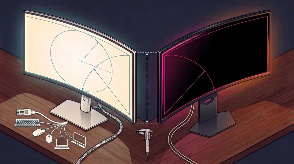 Two curved ultrawide monitors side by side on a desk, the left one gently curved and the right one bending sharply toward the viewer