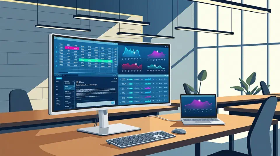 Dell UltraSharp U5226KW curved 52-inch ultrawide monitor on an office desk showing tiled spreadsheets, charts and a document, with a laptop connected by one cable