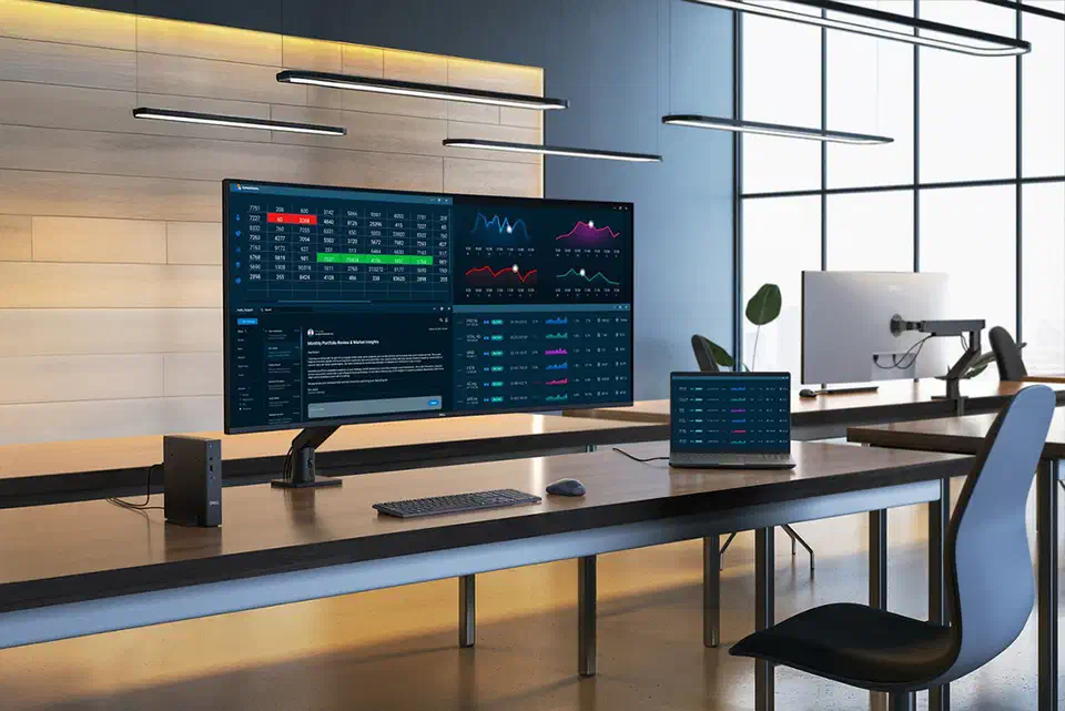 U5226KW in an office showing spreadsheets, charts and a document side by side across the full 21:9 width, with a laptop and mini PC connected