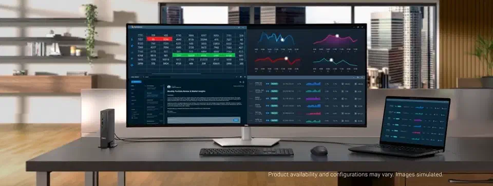 U5226KW running Picture-by-Picture with the screen partitioned into separate panes of trading data, charts and a document, a mini PC and a laptop attached
