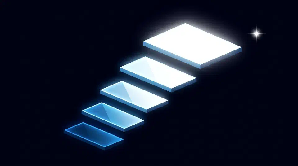 A glowing staircase of five rising light panels climbing out of deep black, the top panel blazing a sustained white glow beside a small bright peak flash