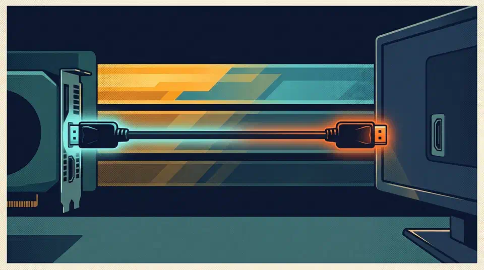 DisplayPort cable running from a graphics card port to a monitor, glowing cyan at one end and orange at the other across striped bandwidth bands
