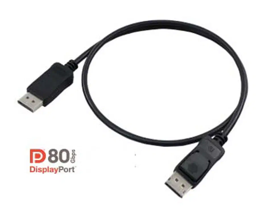 Short black BizLink DisplayPort cable coiled in a single loop beside the red DP80 80Gbps certification mark