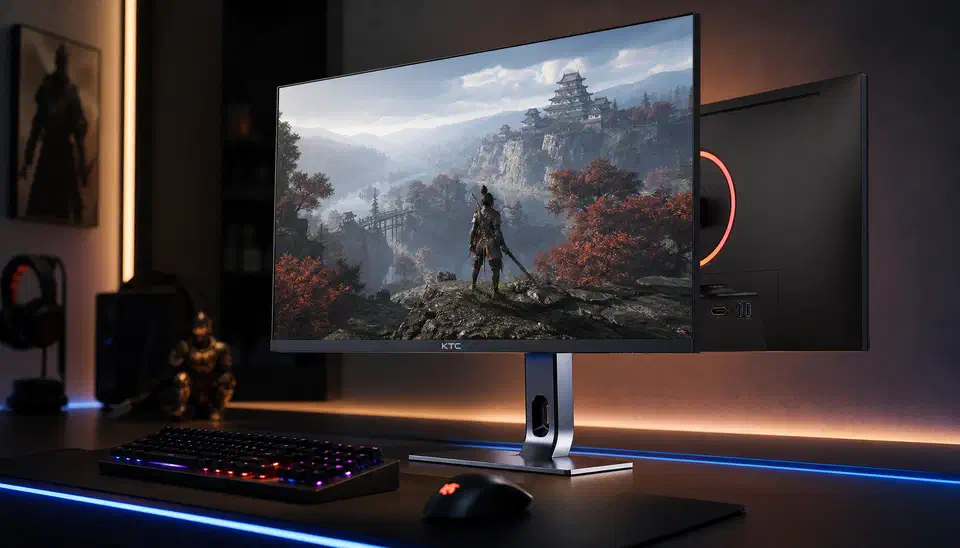 A KTC 4K gaming monitor on a desk running a high-detail game scene, with DisplayPort and HDMI inputs visible on the rear panel