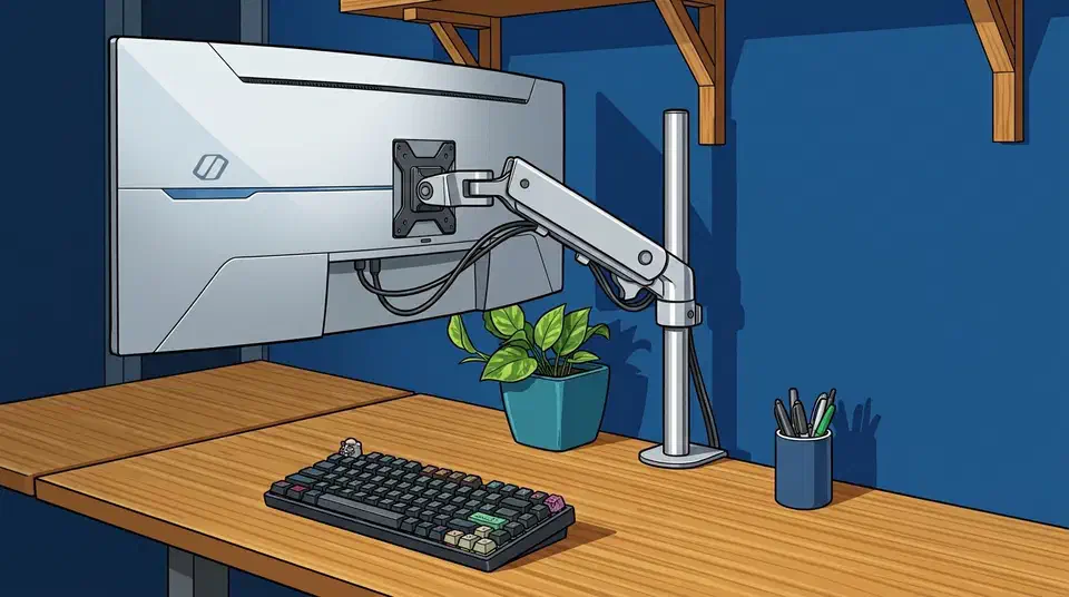 Silver Ergotron HX monitor arm on a pole mount holding a large curved ultrawide monitor above a wooden desk with keyboard and plant.