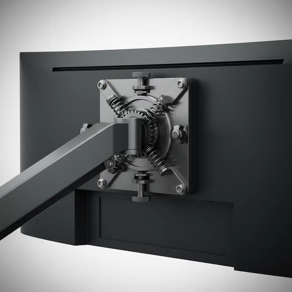 Close-up of the tilt joint and VESA plate on the back of a curved monitor, showing the spring-loaded pivot the panel hangs from
