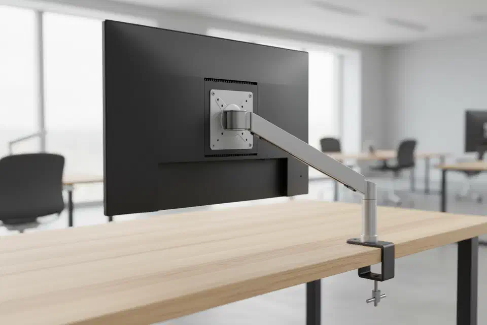 Back of a black monitor showing a square VESA plate bolted to a single arm, the arm clamped to a light wooden desk in an office