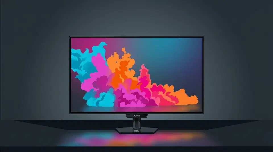 Gigabyte's 4-year burn-in warranty on the Aorus FO27Q28G is a first. Read the exclusions, and see every vendor's own OLED warranty term compared. Gigabyte Aorus FO27Q28G monitor on a dark desk, screen showing a pink, orange and cyan colour burst that glows onto the desk