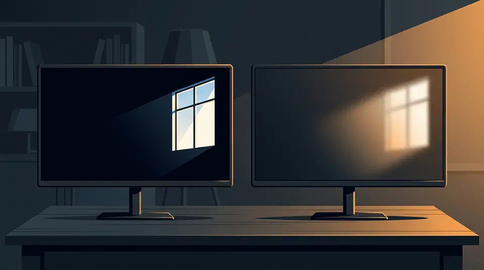Two identical 27-inch OLED monitors side by side, the glossy screen showing a sharp mirror window reflection, the matte screen showing the same reflection diffused