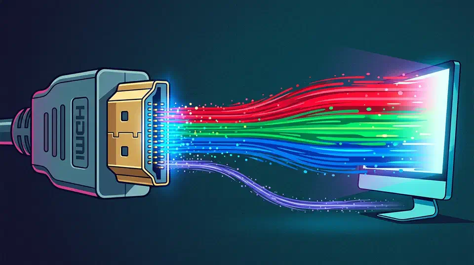 An HDMI connector streaming wide separate red, green, and blue light bands into a bright desktop monitor beside a thinner rival stream