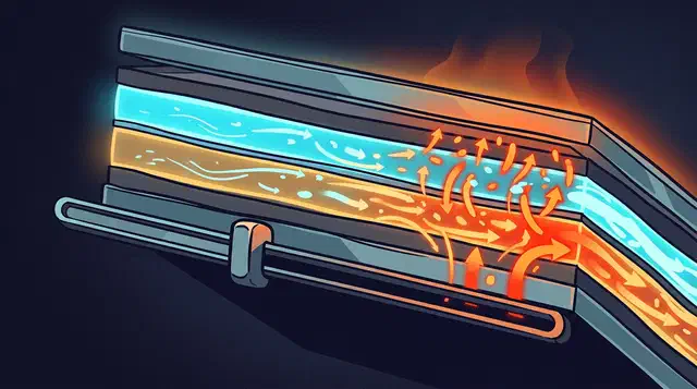 Cutaway of a tandem OLED panel with two stacked emissive layers beside an oversized brightness slider held low, current streams flowing through the stack
