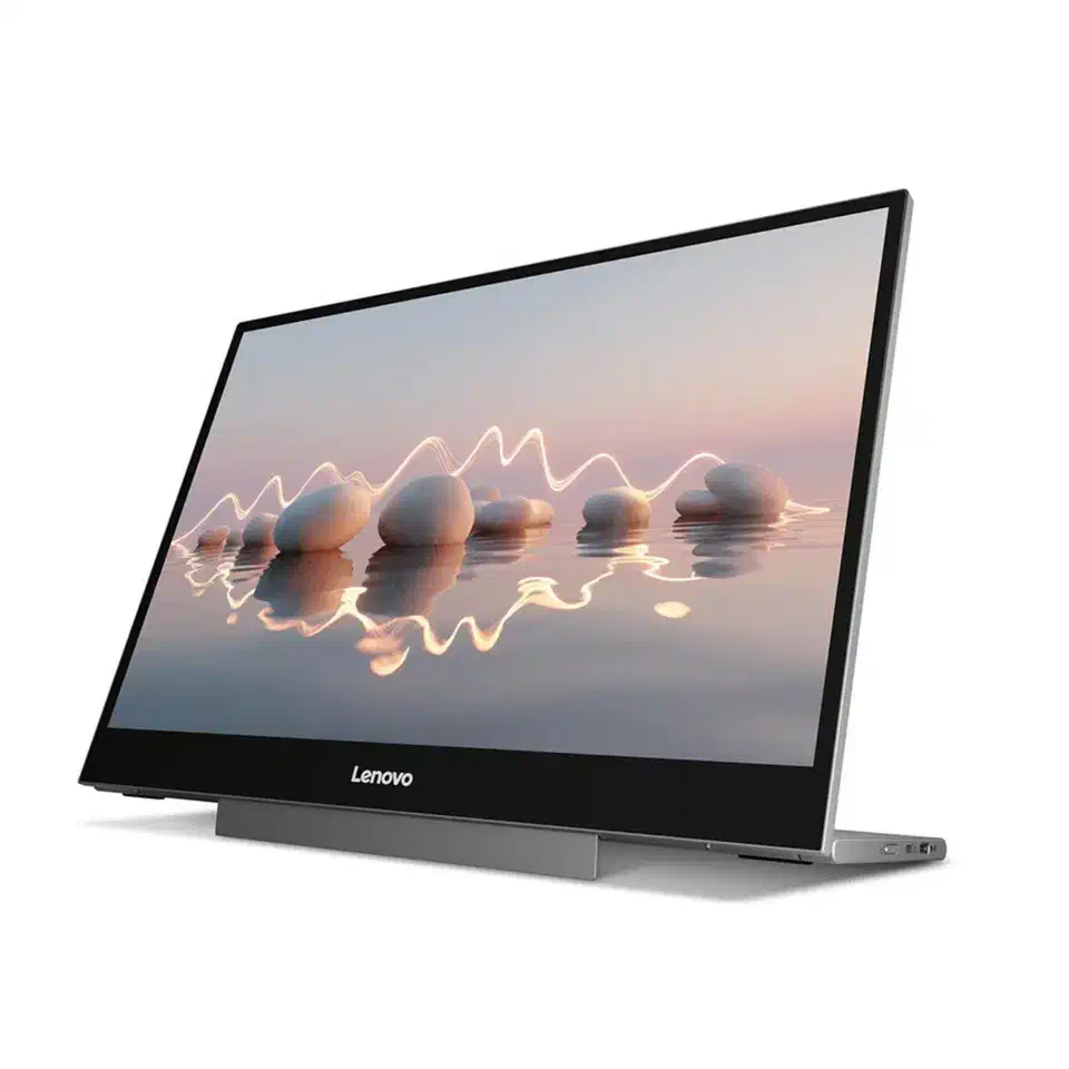 Lenovo L16 portable monitor viewed at an angle, showing the 16:10 screen, the Lenovo wordmark on the lower bezel and the metal kickstand folded out behind it