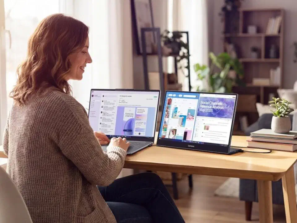 Woman working at a wooden table with a laptop on the left and the Lenovo L16 portable monitor to its right, a single cable running from the monitor&rsquo;s base