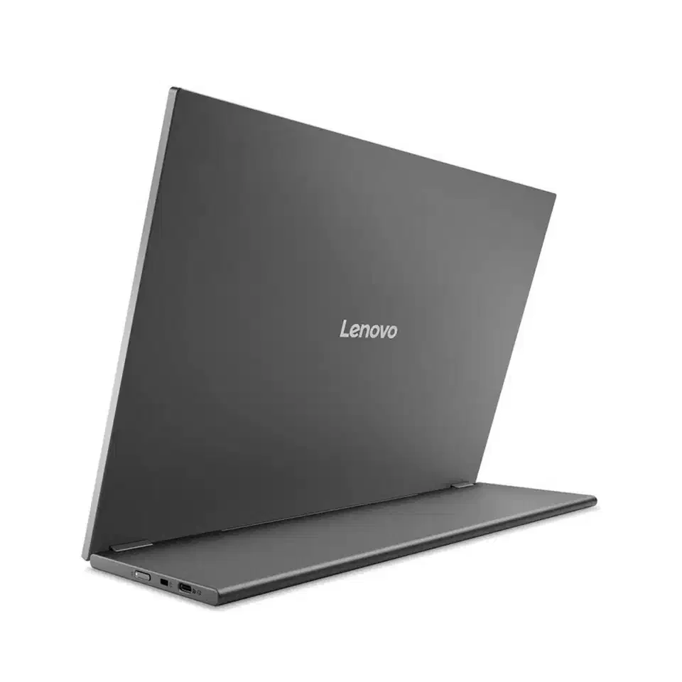Rear three-quarter view of the Lenovo L16 with the kickstand plate folded flat on the desk and the panel leaning back from it