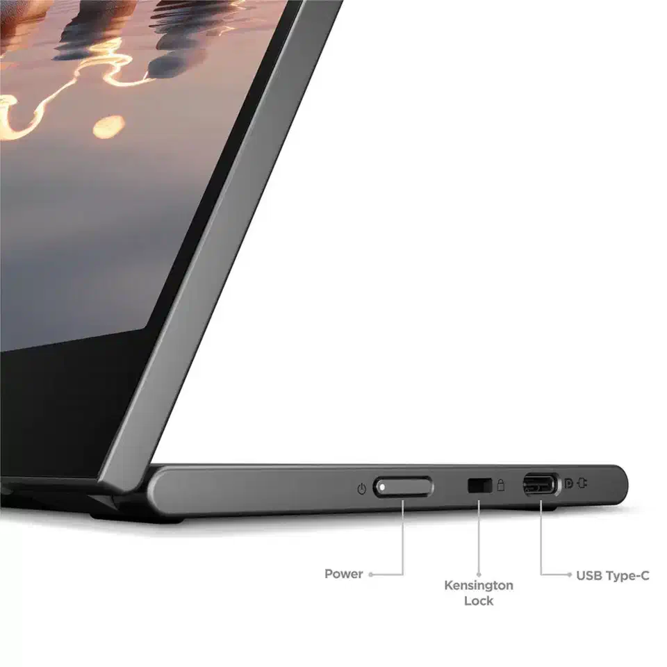 Close-up of the Lenovo L16&rsquo;s base edge with labelled callouts pointing at the power button, the Kensington lock slot and the USB Type-C port