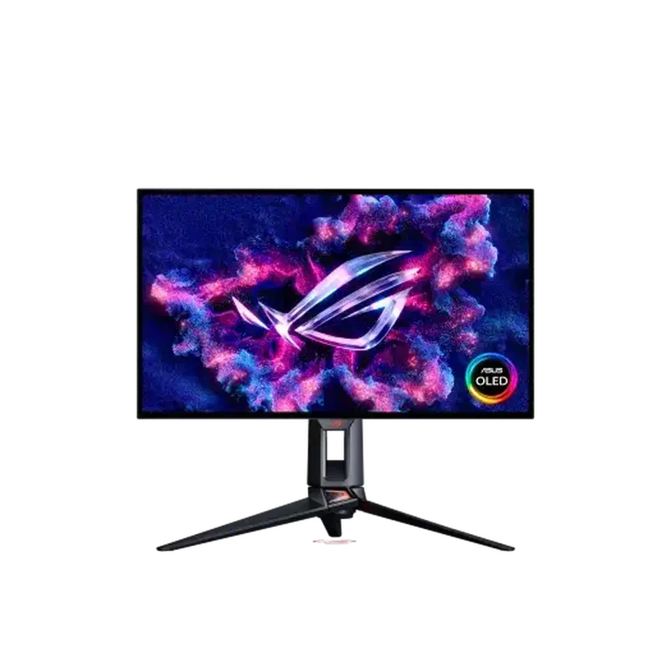 Asus ROG Swift PG27UCWM OLED gaming monitor on its tripod stand, viewed from the front with an ROG-branded image on screen