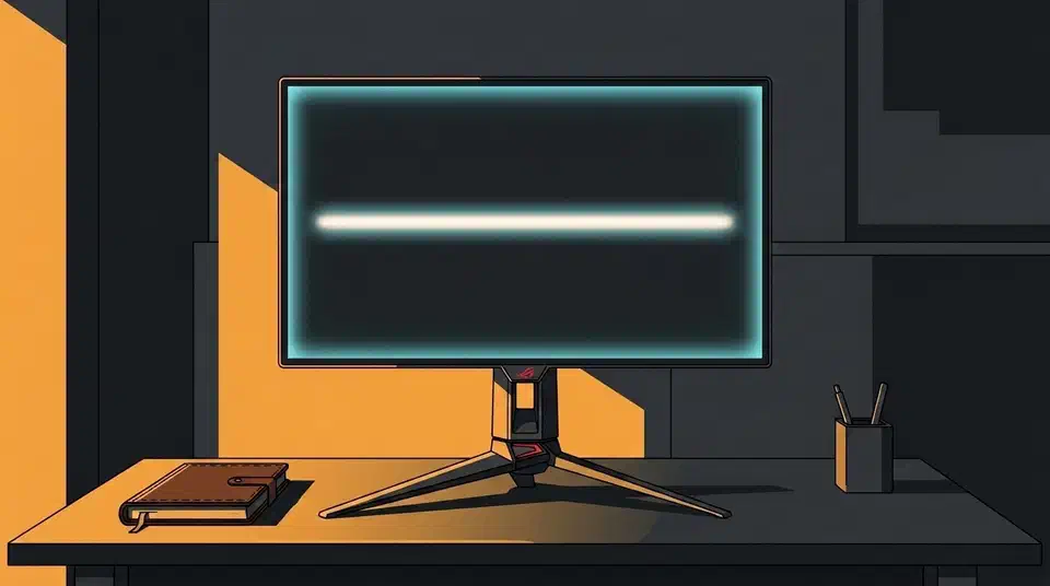 Asus ROG Swift PG27UCWM OLED monitor on a desk with a glowing screen showing a bright horizontal line of light