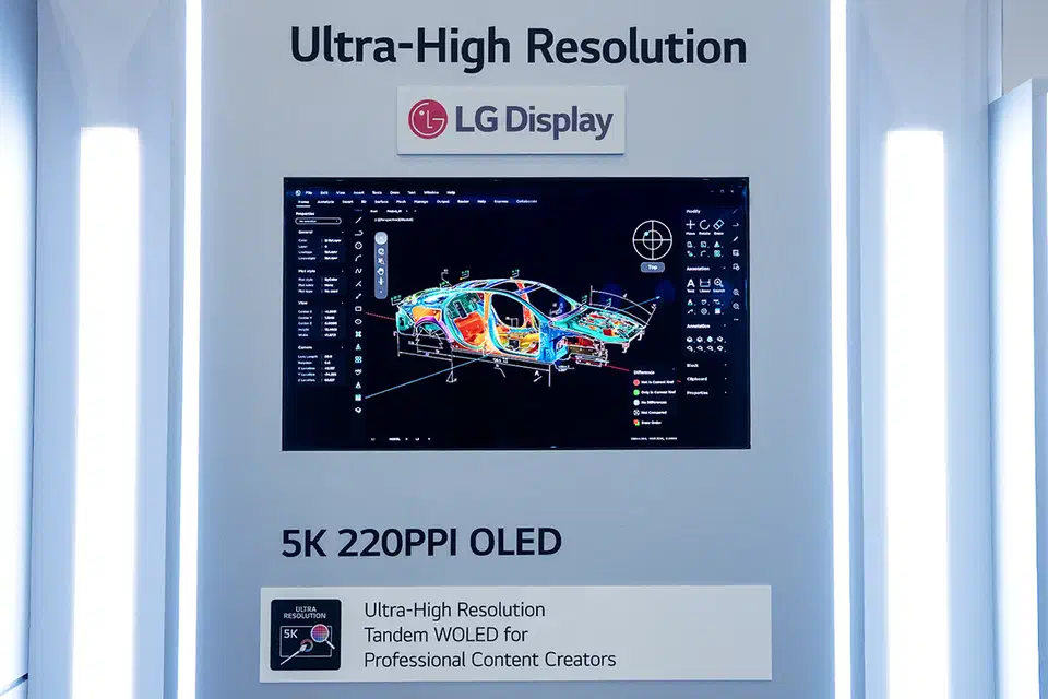 The 5K Tandem WOLED panel running professional CAD software, under a placard reading &ldquo;Tandem WOLED for Professional Content Creators&rdquo;