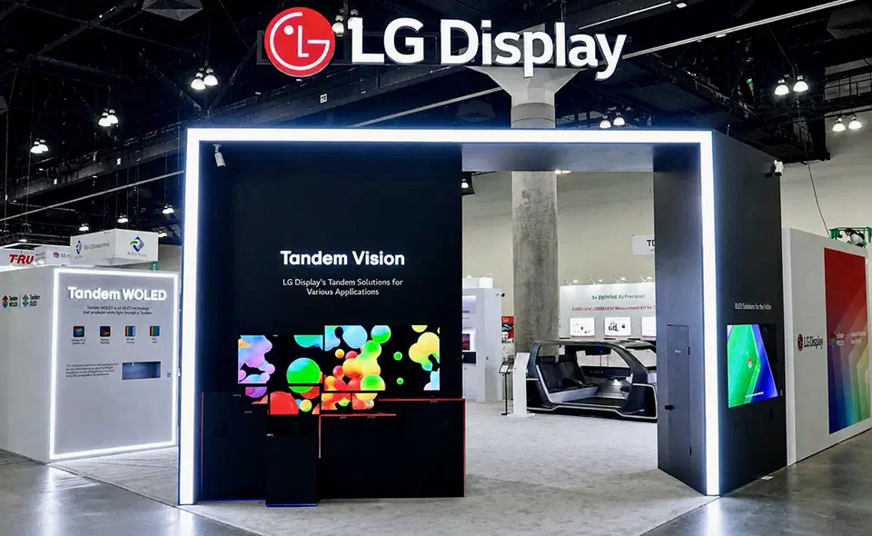 LG Display&rsquo;s &ldquo;Tandem Vision&rdquo; booth at SID Display Week 2026, with a Tandem WOLED signage wall, a colorful demo display, and a car cockpit mockup