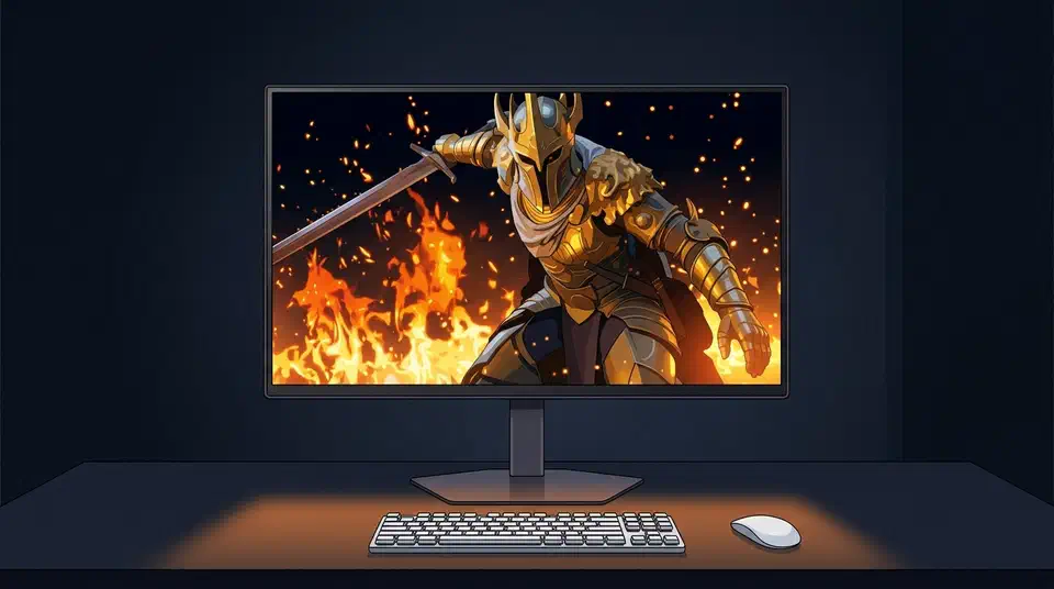 LG UltraGear evo 27GM950B monitor on a dark desk, screen showing a fiery HDR game scene lighting the keyboard below
