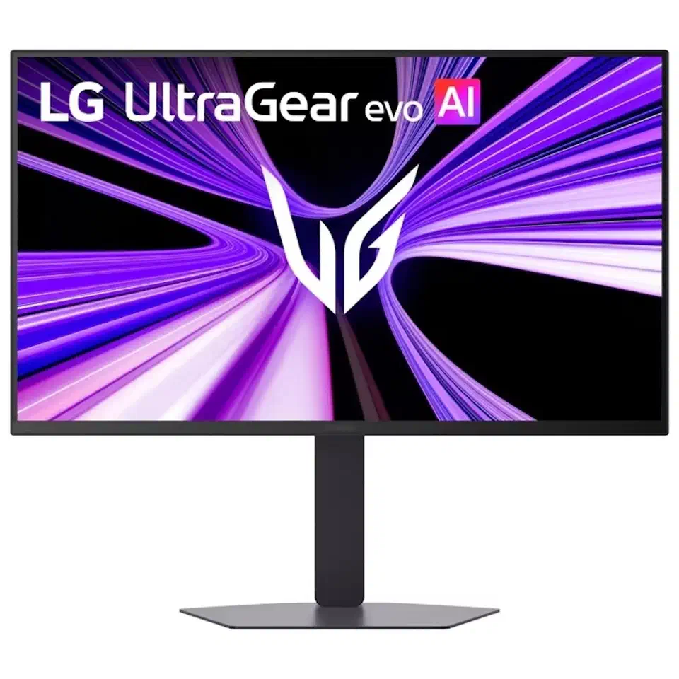 Front view of the LG UltraGear evo 27GM950B with thin black bezels, a single centre pillar stand and a flat hexagonal base