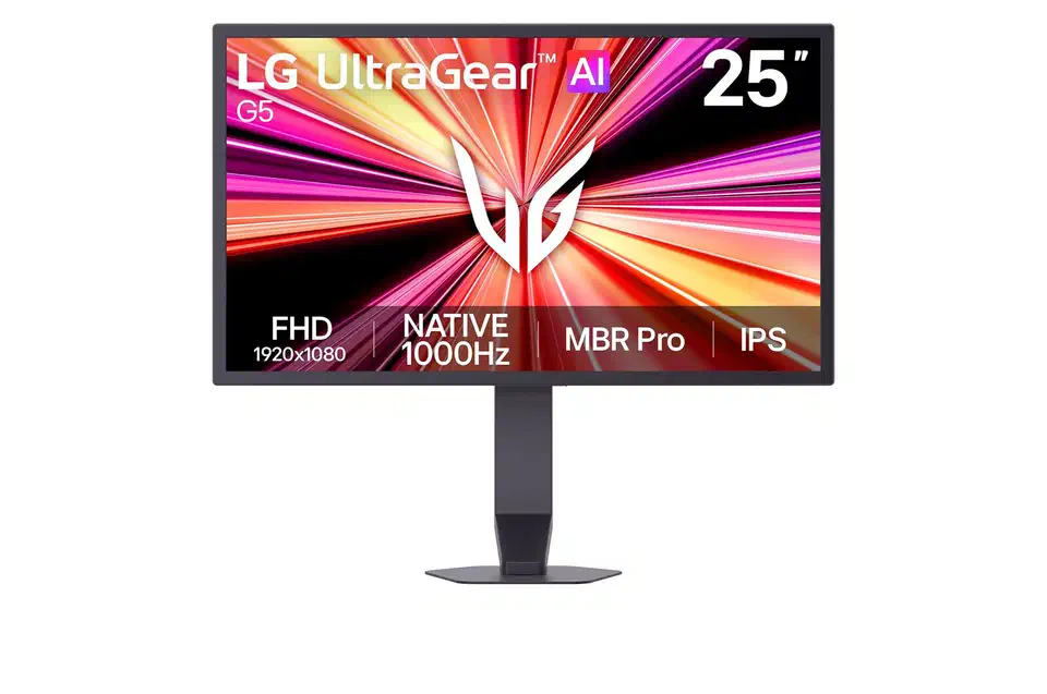LG UltraGear 25G590B monitor front view on a white background, screen showing FHD 1920x1080, native 1000Hz, MBR Pro and IPS labels