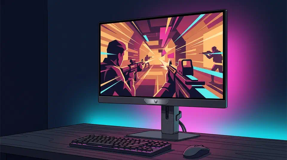 LG UltraGear 27GX790B monitor on a dark desk showing a first-person shooter scene, keyboard and mouse in front
