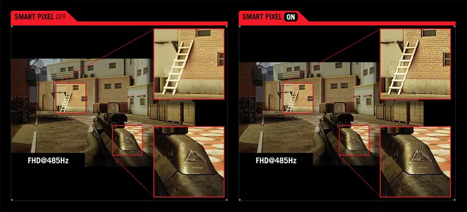 Side-by-side FHD 485Hz game frame with Smart Pixel off showing a jagged ladder and on showing smoother edges