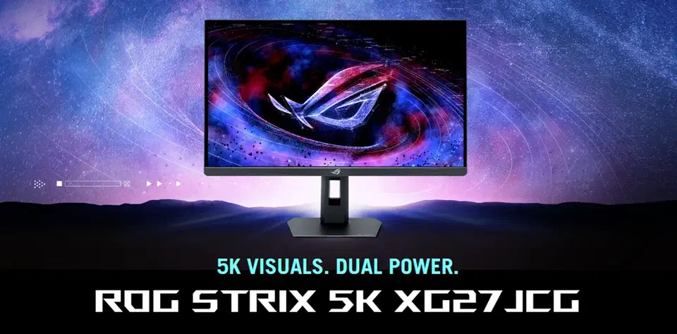 ASUS ROG Strix XG27JCG 5K gaming monitor on its stand under the tagline 5K Visuals Dual Power