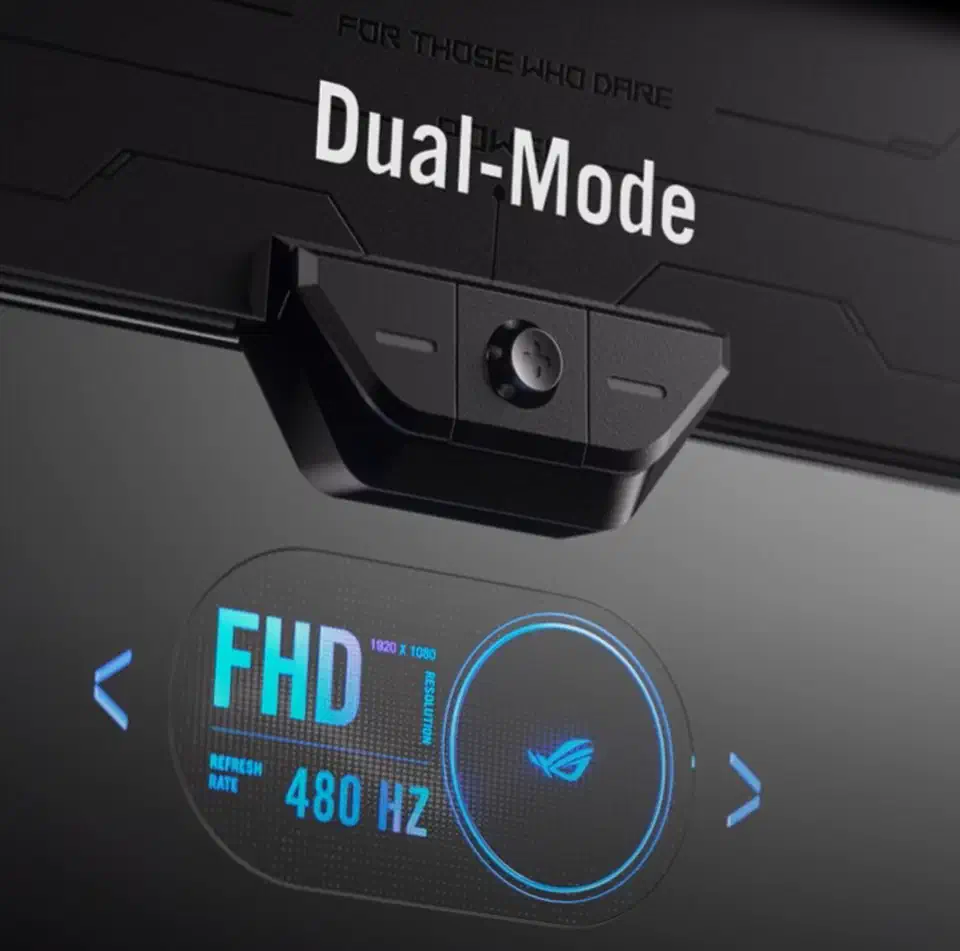 On-screen dual-mode indicator reading FHD 1920x1080 at 480Hz above a monitor control joystick